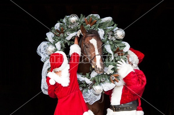 Santa Claus and Mrs Claus standing with a thoroughbred horse with a Christmas wreath over its head.