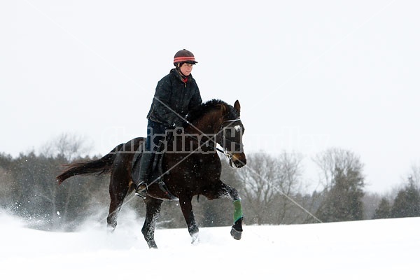 Woman horseback riding in the winter