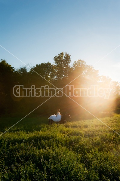 Woman riding horse wearing a wedding dress