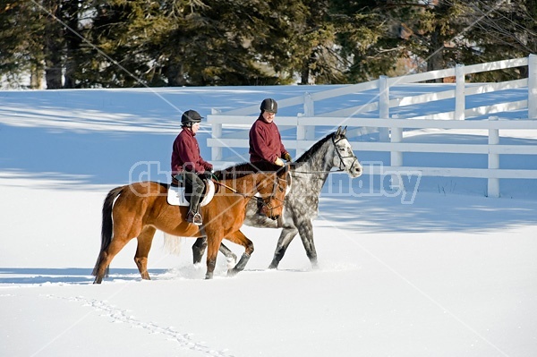 Husband and wife horseback riding through the deep snow