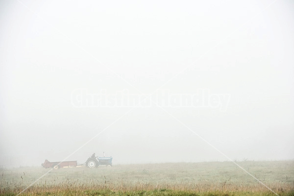 Spreading manure in the early morning fog