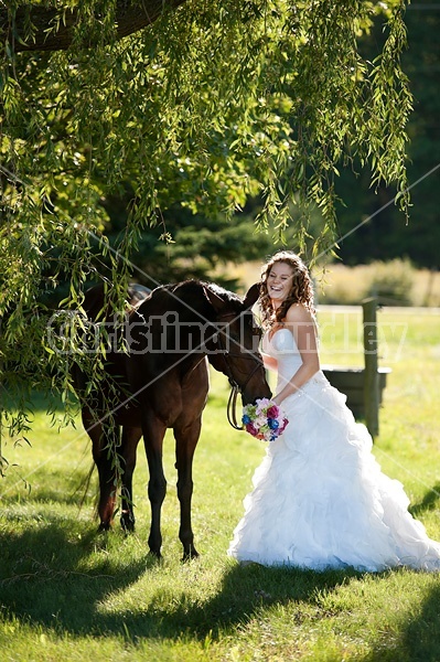 Woman in wedding dress with horse.