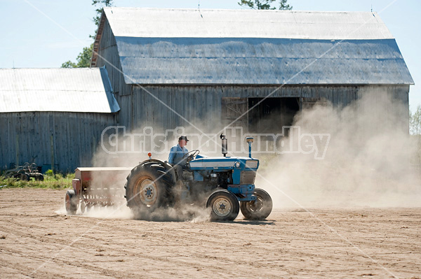 Farmer driving tractor and seed drill seeding oats