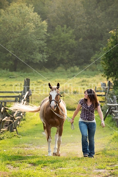 Young woman leading her Quarter Horse