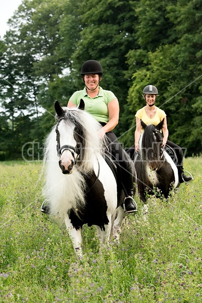 Two women riding Gypsy Vanner horses