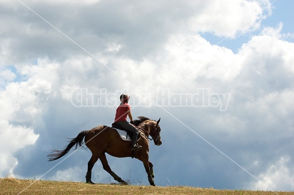 Woman horseback riding against big sky background
