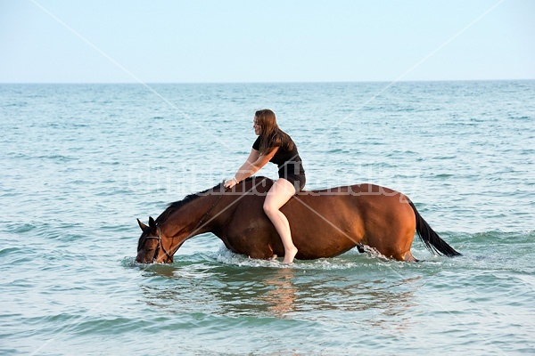 Young woman horseback riding in Lake Ontario