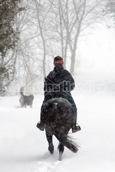 Woman horseback riding in the winter