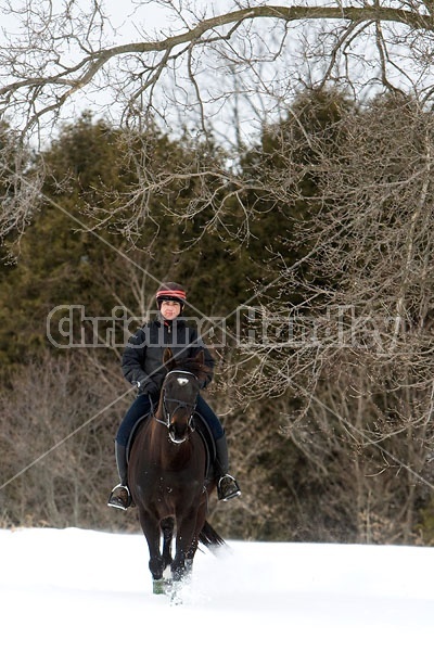 Woman horseback riding in the winter