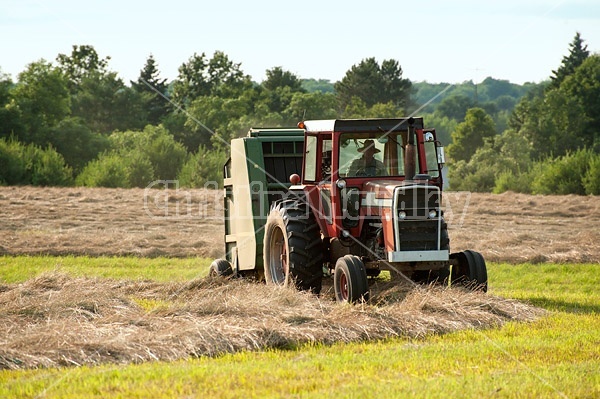 Farmer round baling hay
