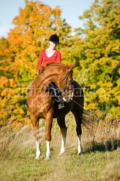 Young woman horseback riding in the fall of the year.