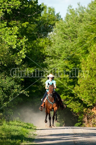 Woman trail riding on Standardbred mare