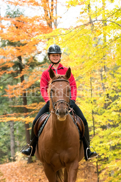 Young girl horseback riding through the autumn colored forest