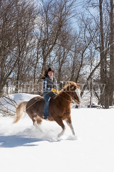 Young woman riding a horse bareback through deep snow