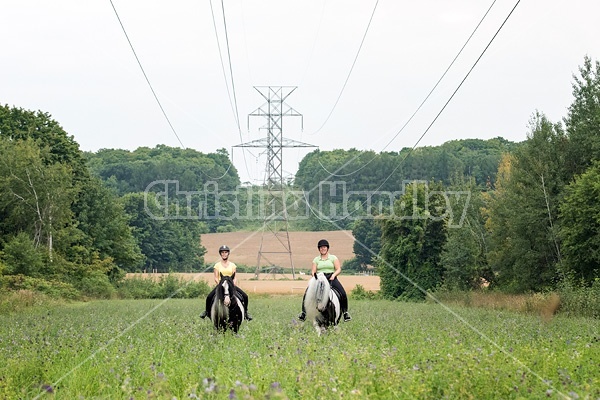 Two women riding Gypsy Vanner horses