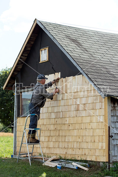 Man putting cedar shingles on the wall of a barn