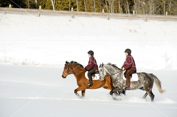 Husband and wife horseback riding through the deep snow