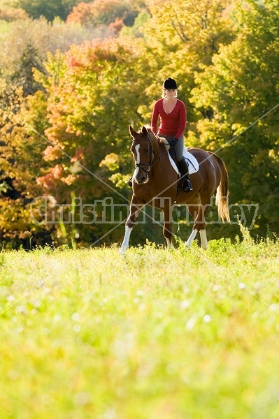 Young woman horseback riding in the fall of the year.