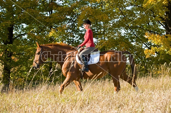Young woman horseback riding in the fall of the year.