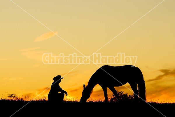 Woman with horse silhouetted against evening sky