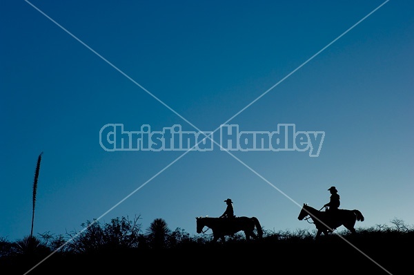 Two western riders silhouetted along a ridge top at sunset