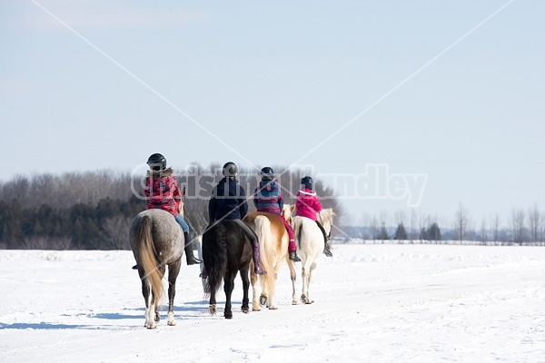 Four young girls riding their ponies bareback in the snow