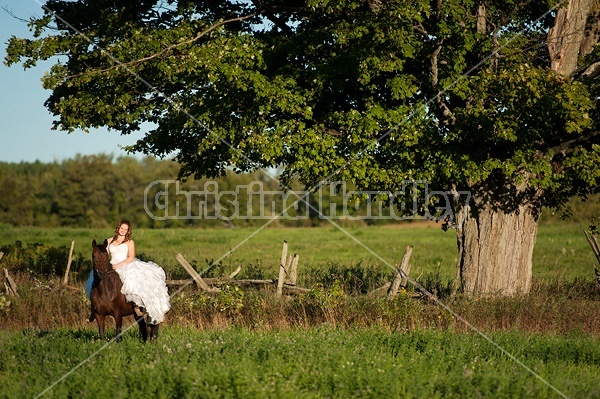 Woman riding horse wearing a wedding dress