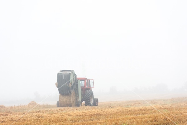 Farmer baling round bales of straw