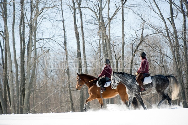 Husband and wife horseback riding through the deep snow