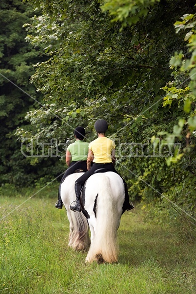 Two women riding Gypsy Vanner horses