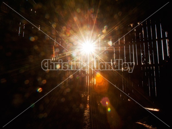 Starburst of sunlight shining in through the barn boards of an old barn