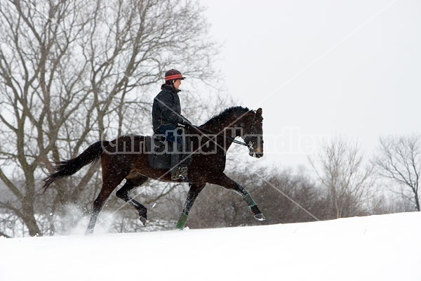 Woman horseback riding in the winter