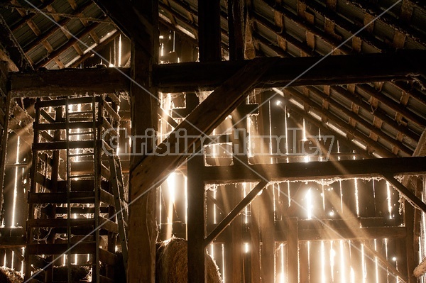 Rays of sunshine coming in through cracks in barn boards into barn