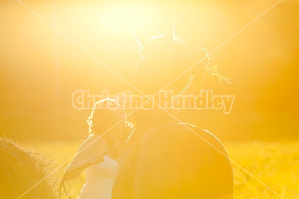 Woman in wedding dress with horse.