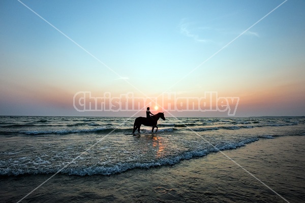 Silhouette photo of woman riding a horse bareback.