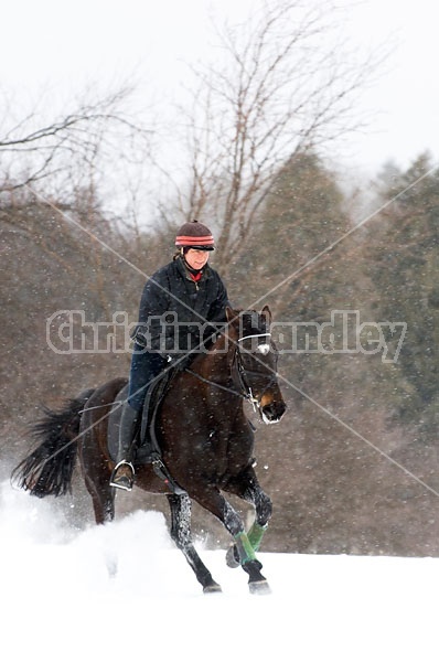 Woman horseback riding in the winter