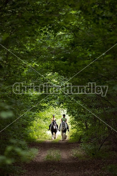 Two women riding Gypsy Vanner horses