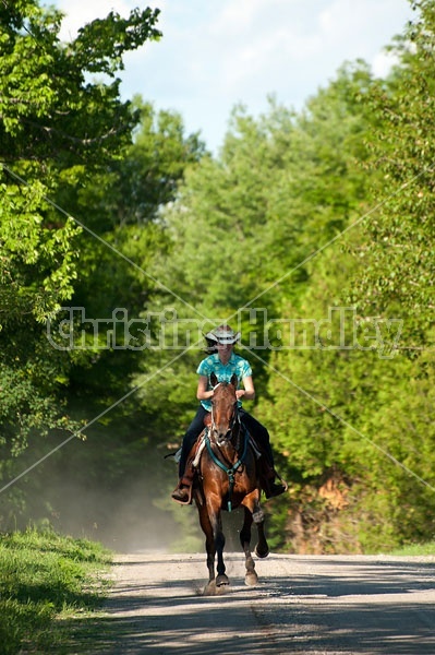 Woman trail riding on Standardbred mare