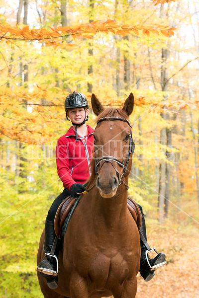 Young girl horseback riding through the autumn colored forest