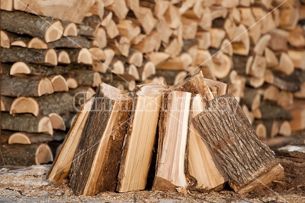 Firewood cut, split and stacked