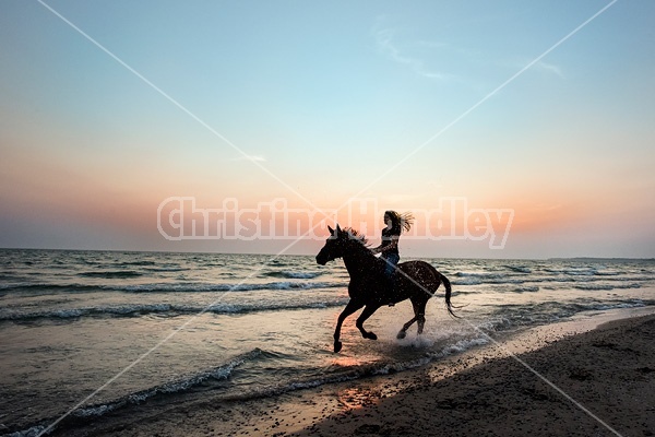 Silhouette photo of woman riding a horse bareback.