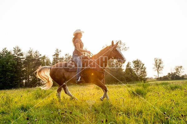 Young woman horseback riding western 