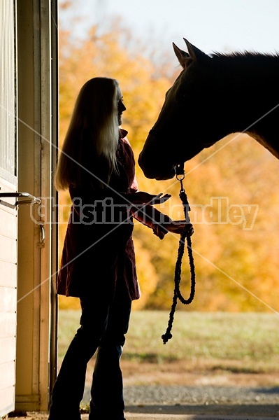 Silhouette of woman and horse in barn door