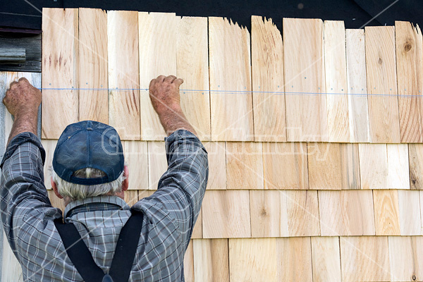 Man putting cedar shingles on the wall of a barn