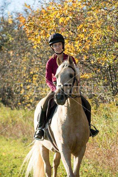 Young woman riding palomino horse