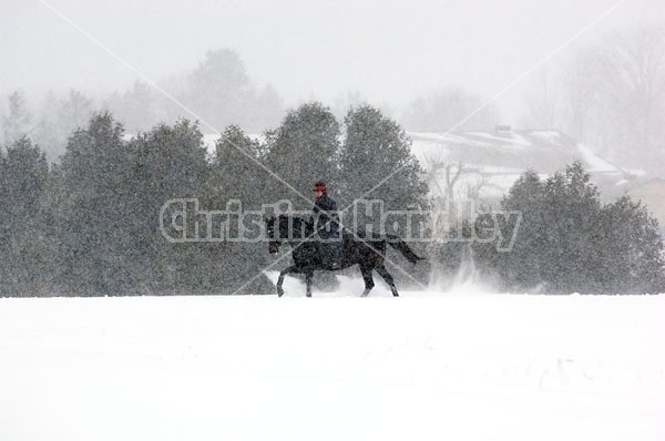 Woman horseback riding in the winter