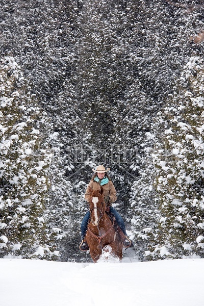 Young woman riding horse in snowstorm in Ontario Canada