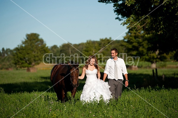 Bride and groom with horse