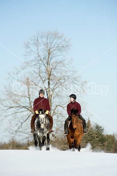 Husband and wife horseback riding through the deep snow