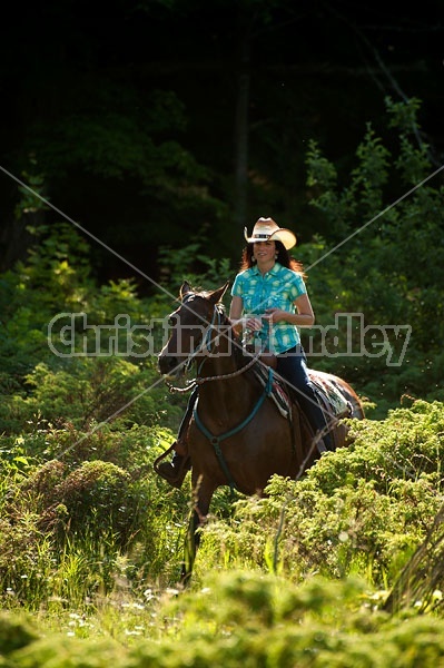 Woman trail riding on Standardbred mare